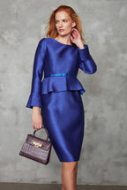 Peplum Dress with Fluted Cuffs in Purple and Royal Plain Brocade - Catherine