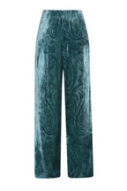Wide Leg Trousers in Teal Paisley Printed Velvet - Paloma
