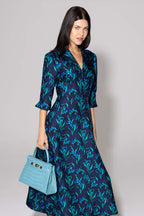 Naomi Dress in Navy/Green Iris Print