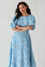 Letitia Dress in Sky Blue Paisley Printed Silk Cloqué
