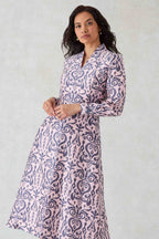 Sophie Dress in Pink/Grey Ikat Printed Silk Shantung