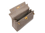 Inside of stone-colored, croc print Italian calf leather handbag with a top handle, detachable strap, and gold plated hardware.