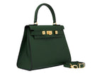 A large dark green pebble print Italian calf leather handbag with top handle, detachable strap and gold plated hardware