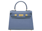A blue grainy print Italian calf leather handbag with gold plated hardware, a top handle, and a detachable shoulder strap.