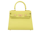 A bright yellow luxury Italian leather natural soft grain handbag with a top handle, detachable strap and gold-plated hardware, positioned against a plain background.