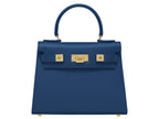 Royal blue Italian leather handbag with gold hardware, a top handle and a detachable strap on a white background