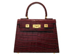 A wine-colored 'Croc' print Italian calf leather handbag with gold-plated hardware and a top handle.