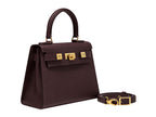 Medium chocolate brown Italian leather handbag with gold hardware, a top handle and a detachable strap on a white background