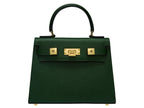 A dark green, medium-sized Italian leather handbag with a pebble print and gold plated hardware, featuring a top handle and a detachable shoulder strap.
