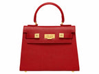 A bright red, medium-sized Italian leather handbag with a pebble print and gold-plated hardware, featuring a top handle and a detachable shoulder strap.