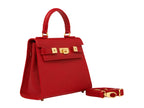 A bright red, medium-sized Italian leather handbag with a pebble print and gold-plated hardware, featuring a top handle and a detachable shoulder strap.