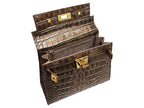 Inside view of a bronze croc print Italian calf leather luxury handbag with gold plated hardware and a top handle.