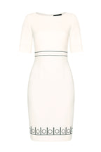 Ivory/Black Wool Faille Short Sleeved Dress with Waistband Detail - Anita