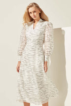 Long-Sleeved Midi Dress with Flared Skirt in Ivory/Black Flocked Silk Chiffon - Sofia