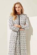 Tweed Dress Coat in White with Black Tufted Stripes and Braid Trim - Vanya