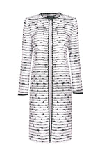 Tweed Dress Coat in White with Black Tufted Stripes and Braid Trim - Vanya