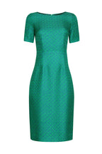 Silk/Wool Matelassé Shift Dress in Green/Blue Diamond Print - Angie