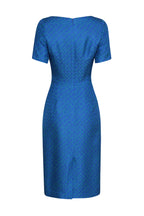 Royal Blue and Bright Green Printed Silk/Wool Shift Dress with Boat Neck and Short Sleeves - Angie