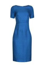Royal Blue and Bright Green Printed Silk/Wool Shift Dress with Boat Neck and Short Sleeves - Angie