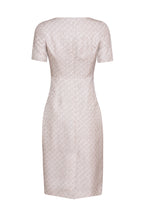 Ivory and Taupe Printed Silk/Wool Shift Dress with Boat Neck and Short Sleeves - Angie