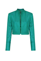 Silk/Wool Matelassé Short Jacket in Green/Blue Diamond Print - Hermione