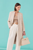 Tweed Dress Coat in Taupe/Ivory with Braid Edging - Vanya