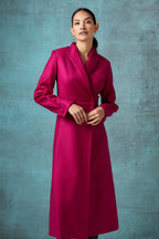 Double Breasted, Long Sleeved Coat Dress with Buttons in Magenta Wool - Savannah