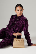 Straight Leg Trousers in Aubergine Crushed Velvet - Phoebe