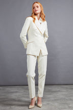 Cream Narrow Tuxedo Trousers with Silk Grosgrain Ribbon Stripe- Phoebe
