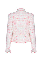 Tweed Peplum Style Jacket in Ivory with Scarlet Tufted Stripes - Margo