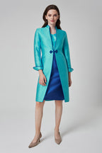 Turquoise Dress Coat in Summer Brocade with Cord Trim and Frogging - Vicky