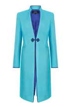 Turquoise Dress Coat in Summer Brocade with Cord Trim and Frogging - Vicky