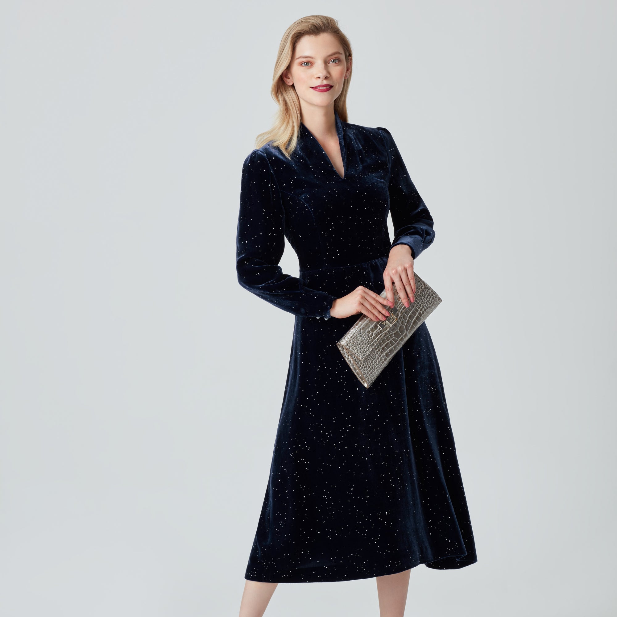 French navy velvet midi dress for evening and cocktails