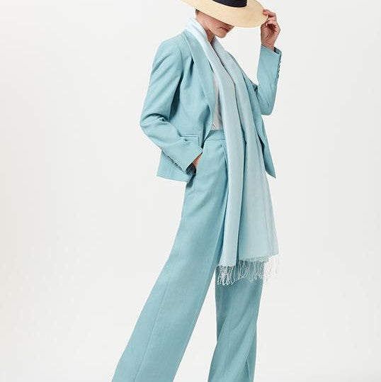 women's trouser suit in sea green and summer tweed jacket