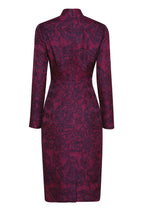 V-Neck Dress in Wine/Navy Silk/Wool Printed Matelassé - Emma
