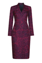 V-Neck Dress in Wine/Navy Silk/Wool Printed Matelassé - Emma