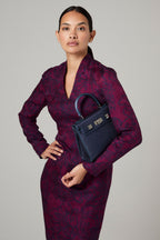 V-Neck Dress in Wine/Navy Silk/Wool Printed Matelassé - Emma