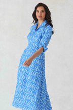 Naomi Dress in Blue/Aqua Sprig Printed Silk Cloqué