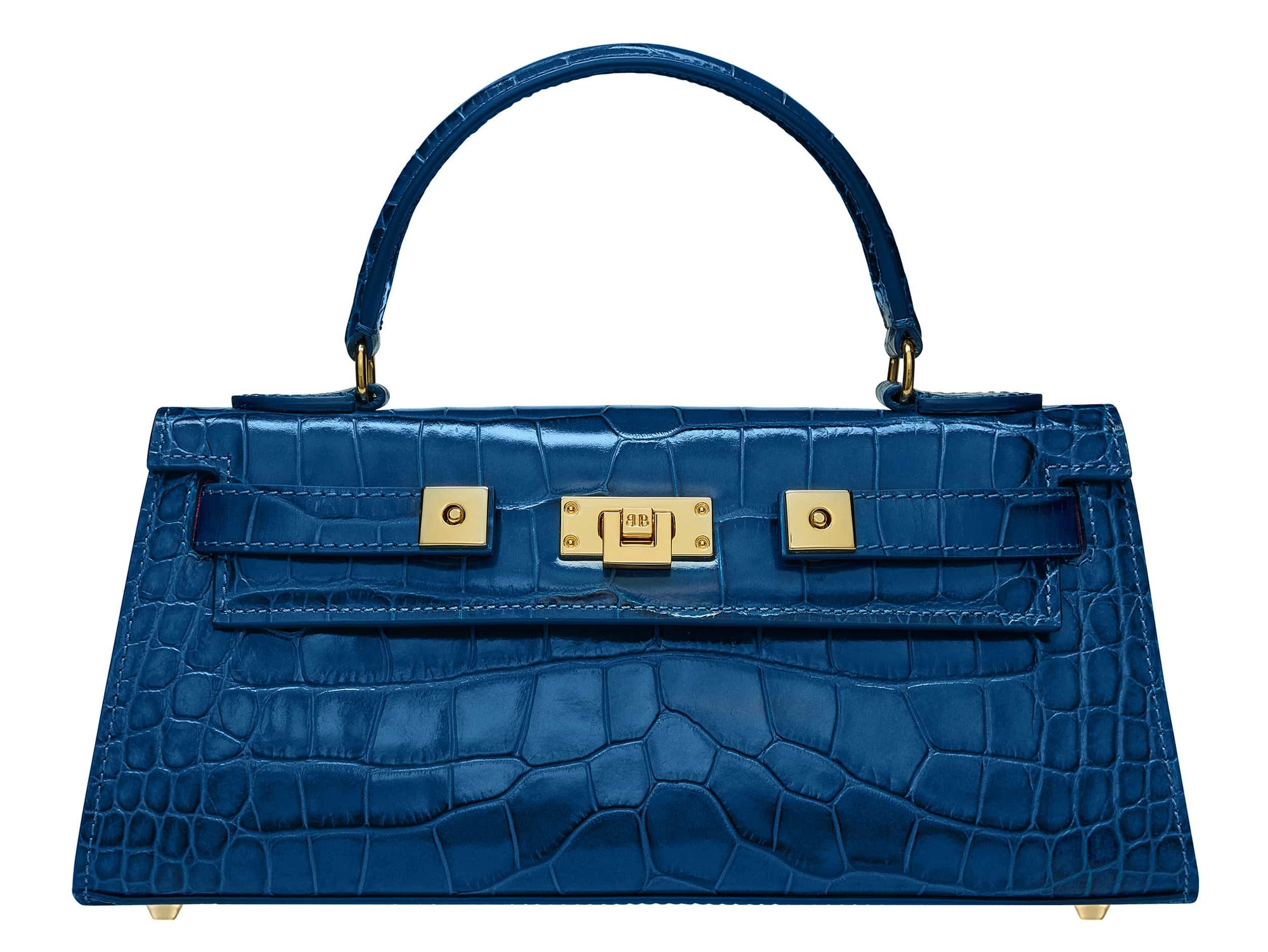 A cobalt blue 'Croc' print Italian calf leather handbag with gold plated hardware and a top handle.