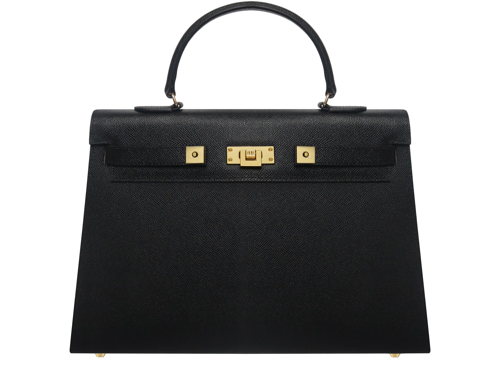 A black Maya Grande Dolomite handbag with gold plated hardware and a pebble print texture, featuring a top handle, detachable strap and gold accents.