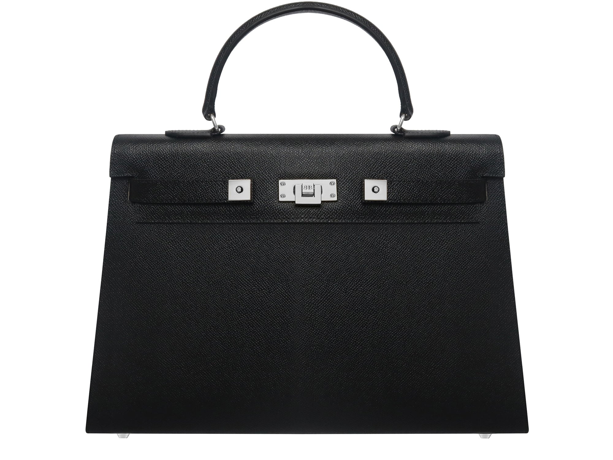 A black Italian calf leather handbag with pebble print and silver-colored hardware, featuring a top handle and a detachable shoulder strap.