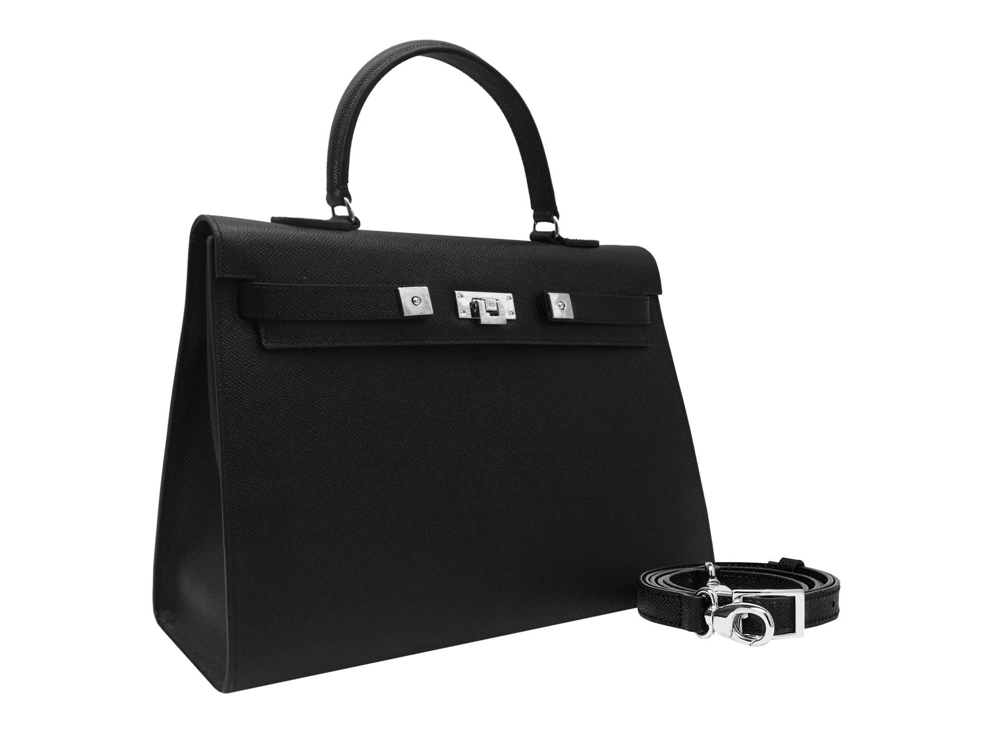 A large black colored Italian calf leather handbag with pebble print texture, silver hardware, and a top handle with a detachable strap.