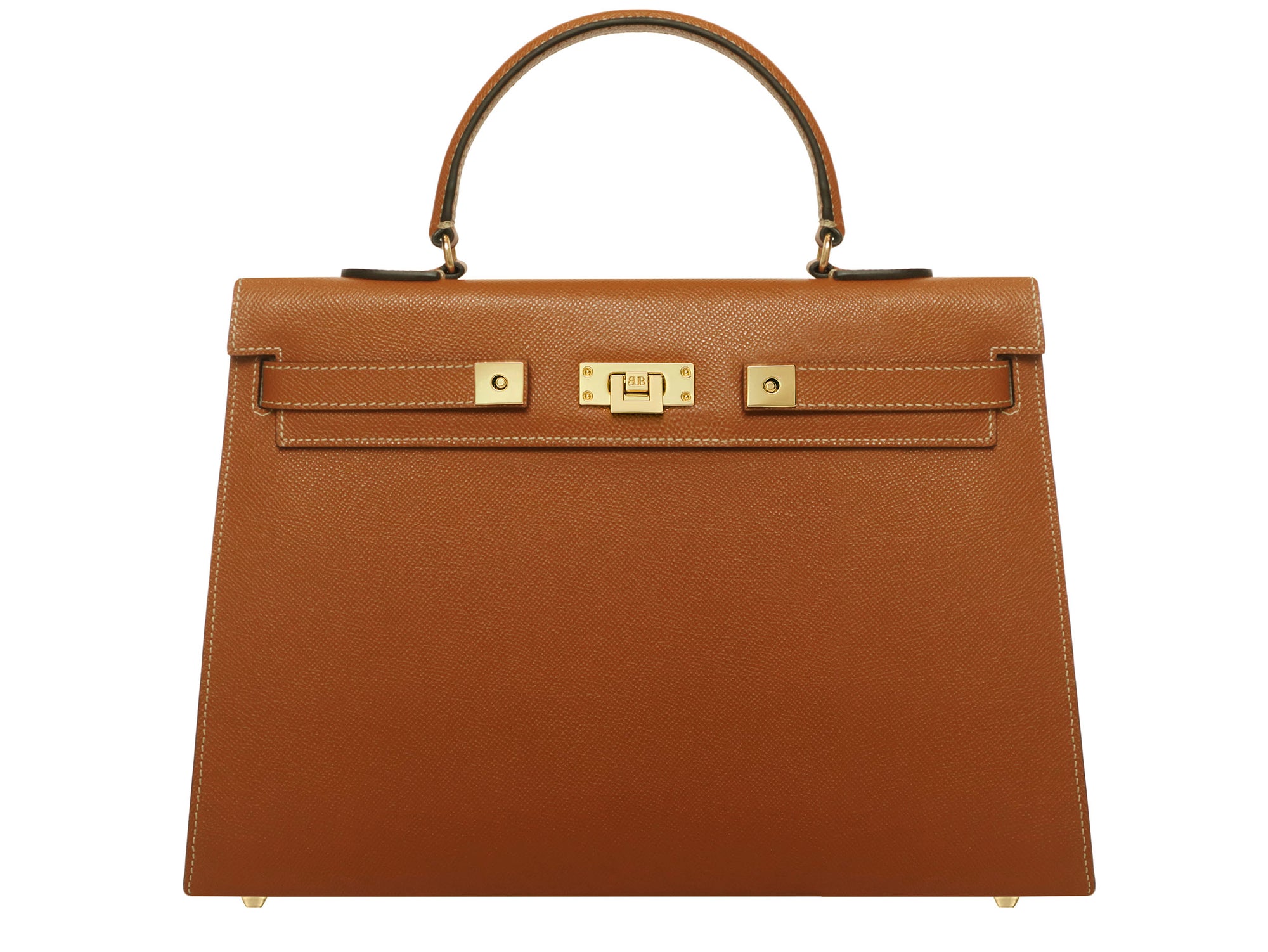 A large tan colored Italian calf leather handbag with pebble print texture, gold plated hardware, and a top handle with a detachable strap.