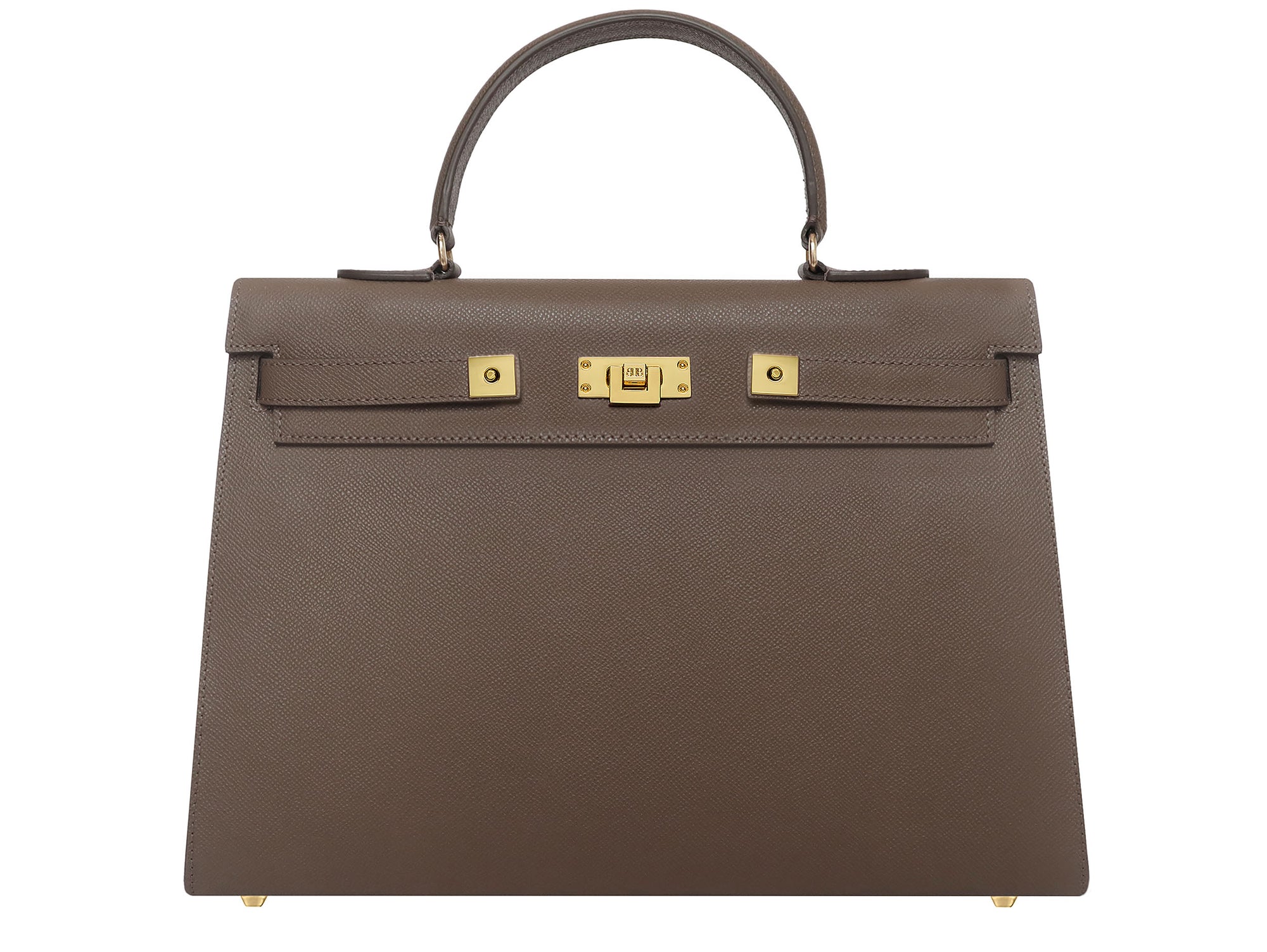 A large taupe colored Italian calf leather handbag with pebble print texture, gold plated hardware, and a top handle with a detachable strap.