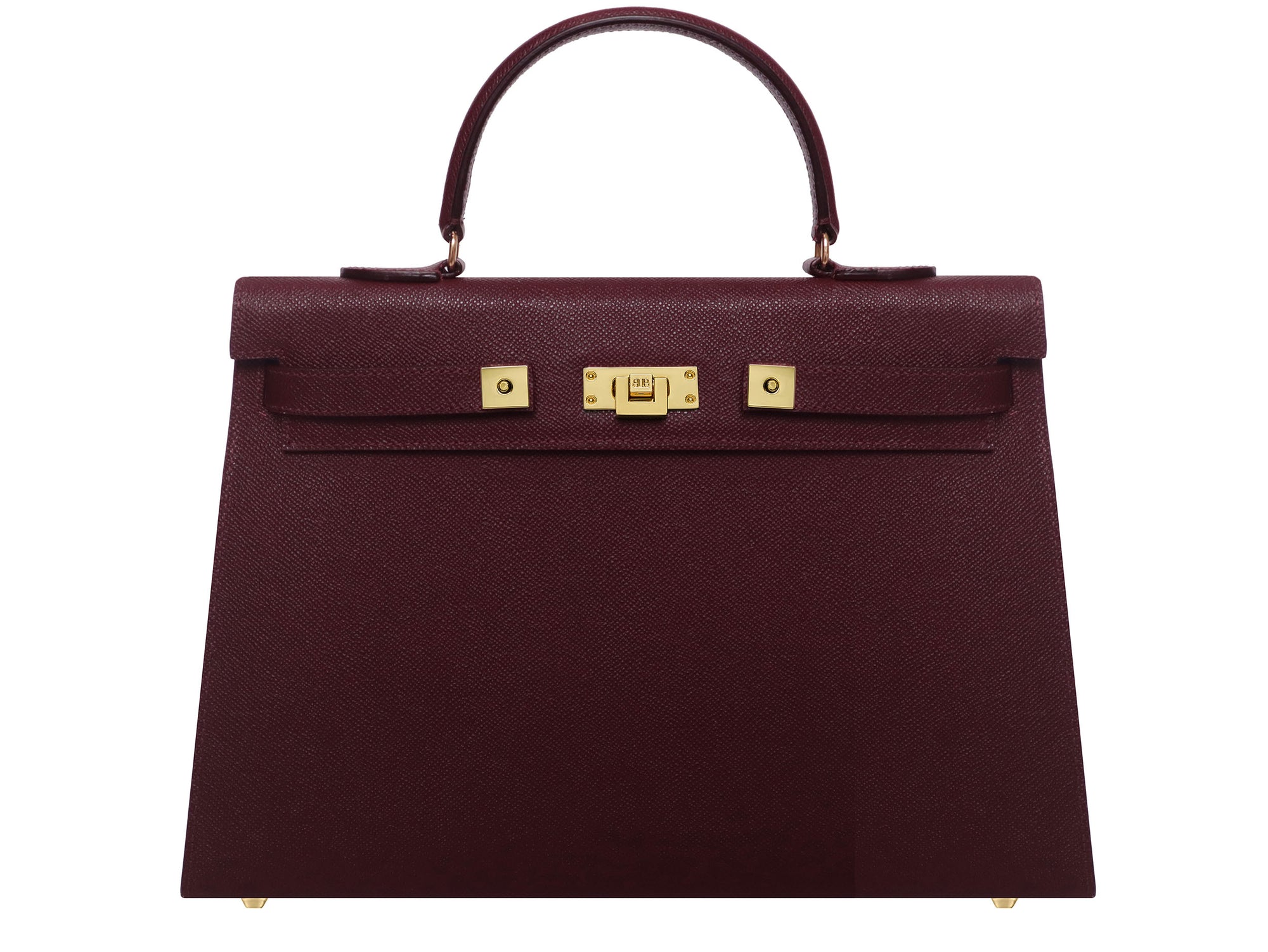 A large wine colored Italian calf leather handbag with pebble print texture, gold plated hardware, and a top handle with a detachable strap.