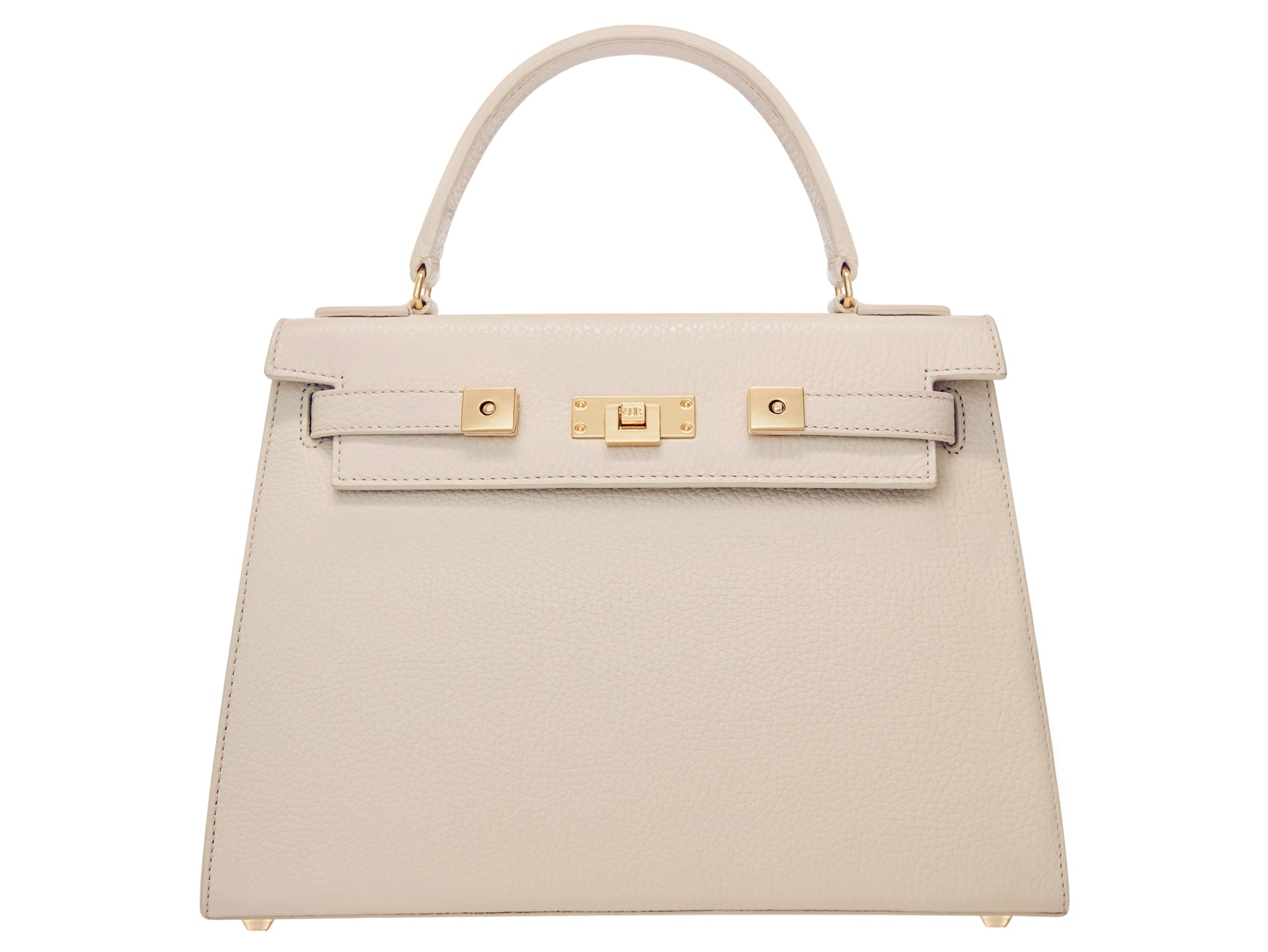 A large beige, natural grainy print Italian calf leather handbag with top handle, detachable strap and gold plated hardware.