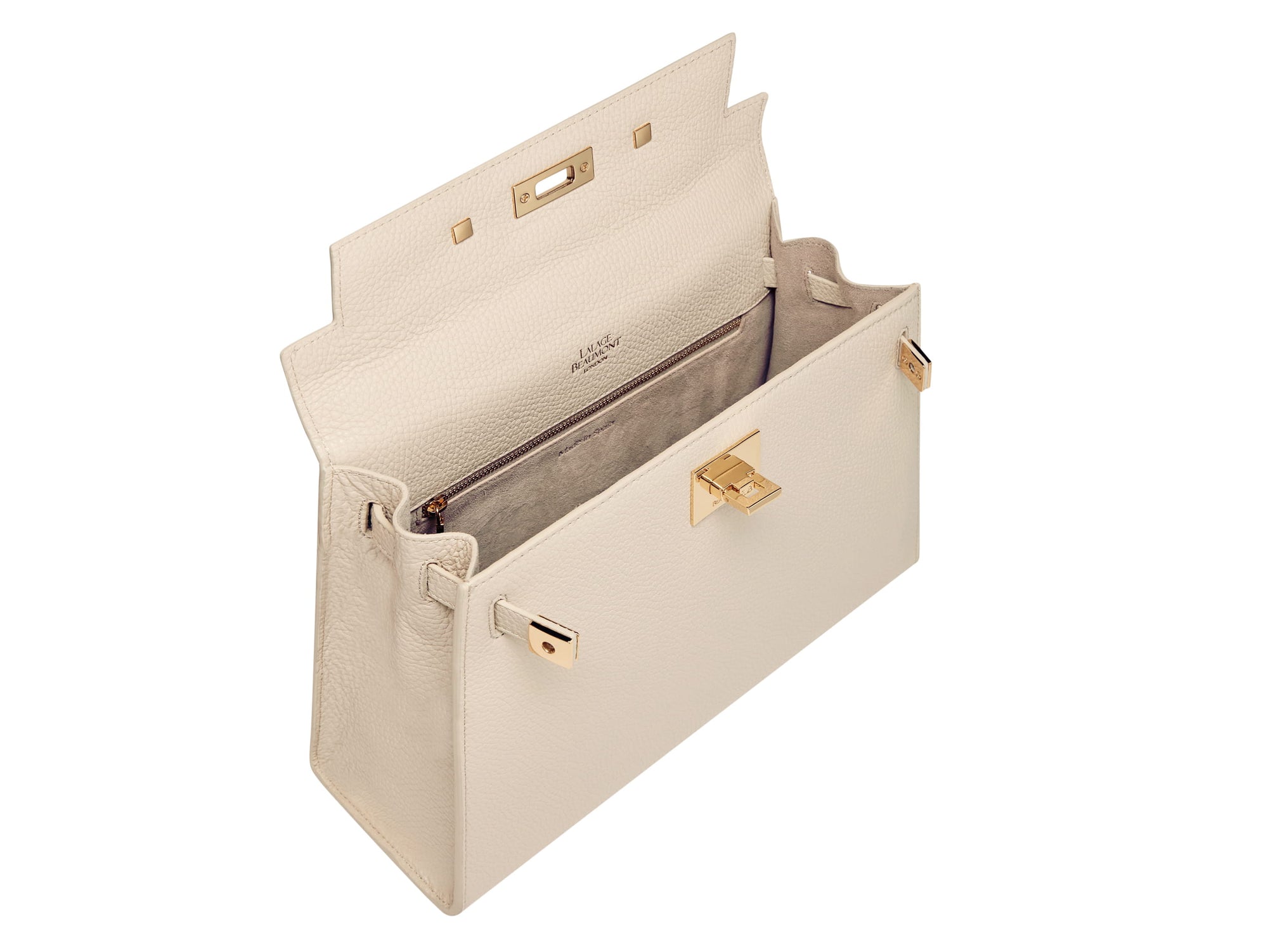 Inside of a large beige, natural grainy print Italian calf leather handbag with top handle, detachable strap and gold plated hardware showing the grey suede lined interior.