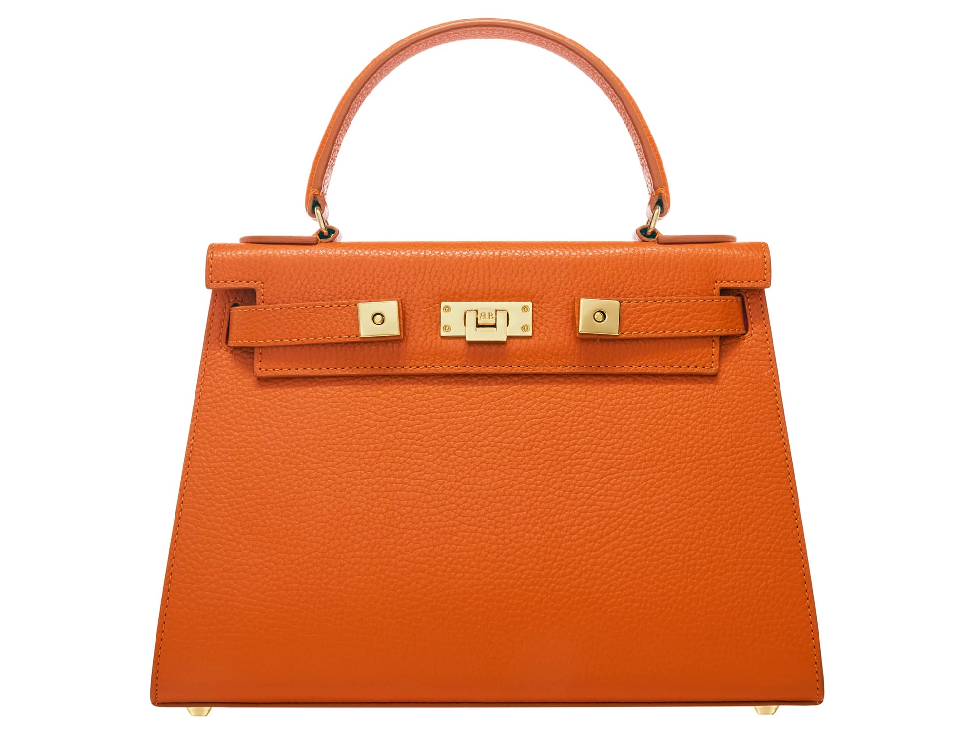 A large orange, natural grainy print Italian calf leather handbag with top handle, detachable strap and gold plated hardware.