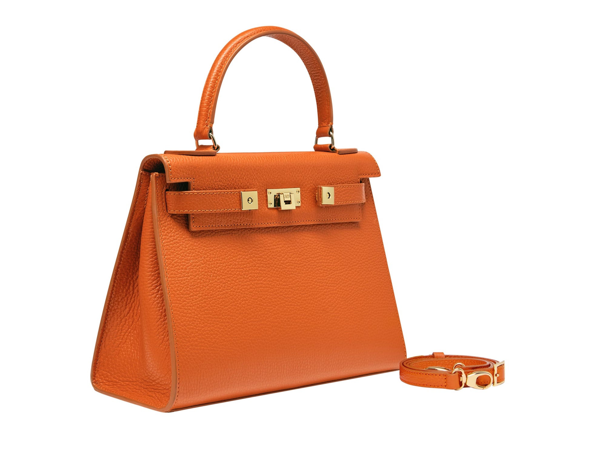 A large orange, natural grainy print Italian calf leather handbag with top handle, detachable strap and gold plated hardware.