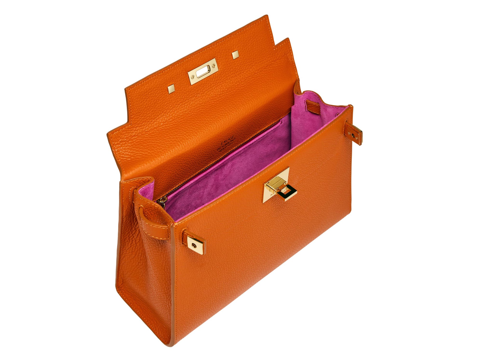 Inside of a large orange, natural grainy print Italian calf leather handbag with top handle, detachable strap and gold plated hardware showing the bright pink suede lined interior.